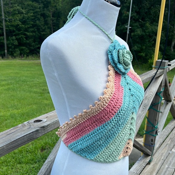 Crochet Halter Top with Floral Accent Handmade - Picture 5 of 6